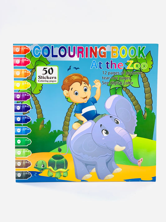 AT THE ZOO COLORING BOOK 12 PAGES OF PICTURES WITH 50 STICKERS