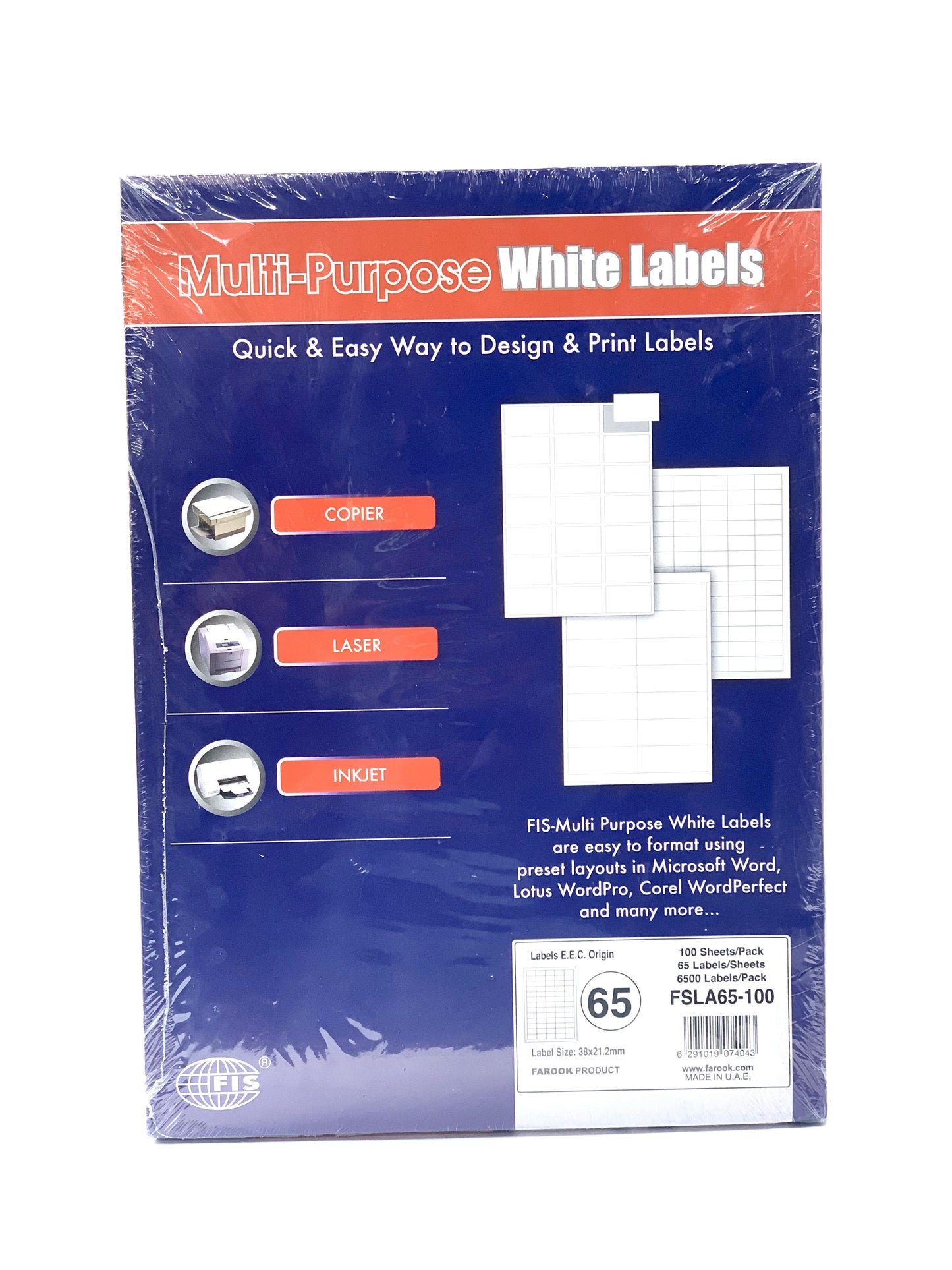 FIS Multipurpose Laser Labels, Colour White, Size 70X35MM (65 Stickers x 100 Sheet) A4 Size, E.U. Origin Material