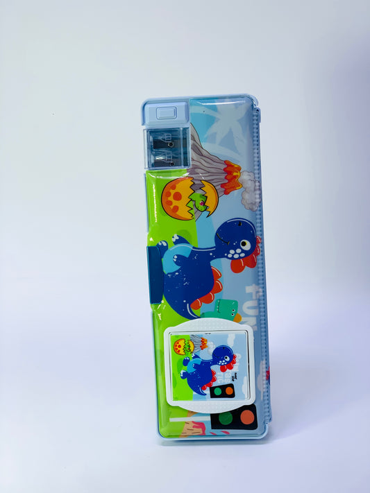 BLUE DINOSAUR PENCIL CASE  CALCULATOR WITH SHARPENER