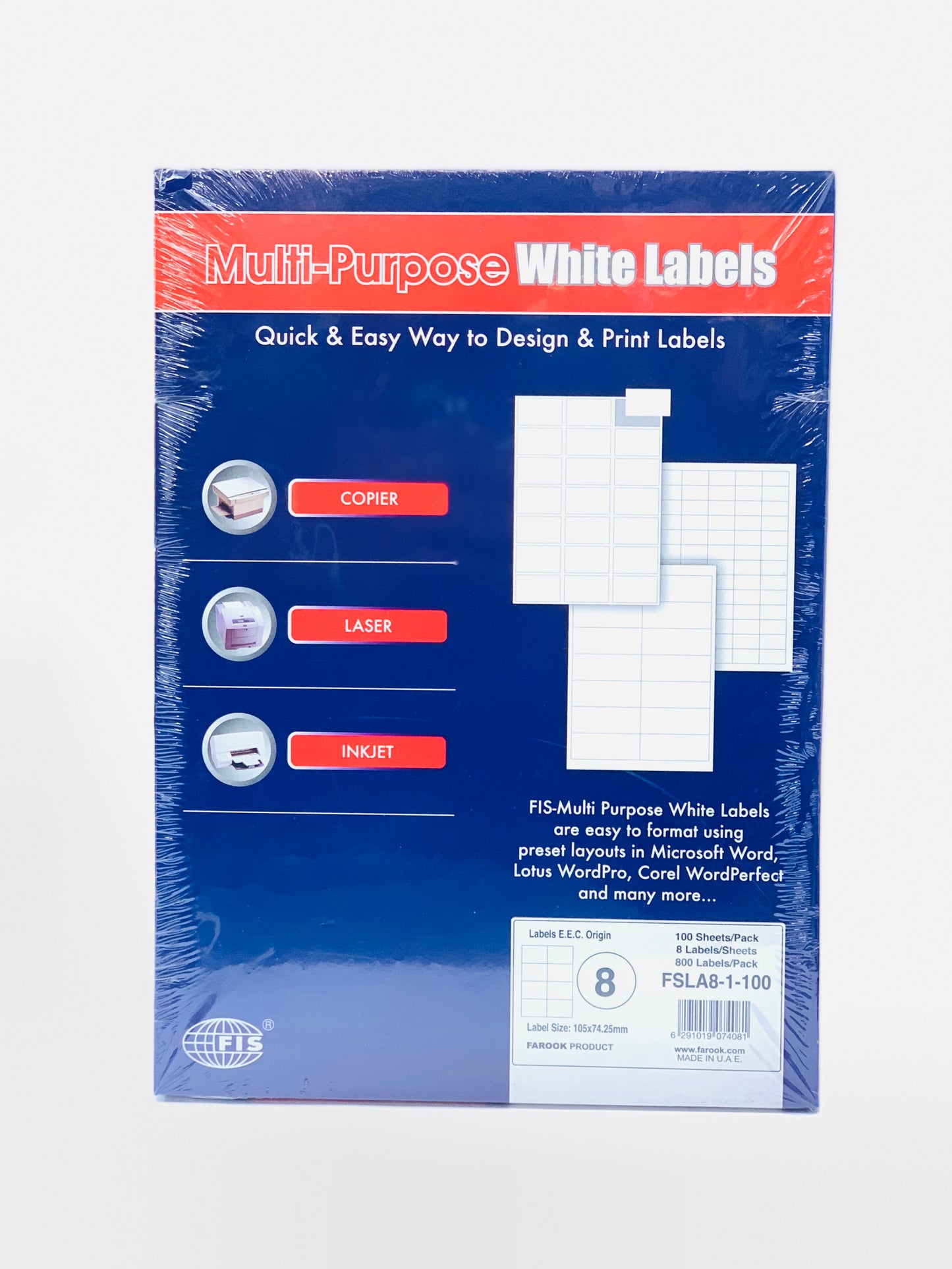 FIS Multipurpose Laser Labels, Colour White, Size 192X34MM (8 Stickers x 100 Sheet) A4 Size, E.U. Origin Material - FSLA8-5-100